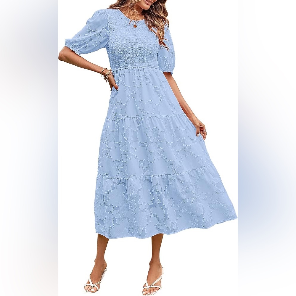 NWT Merokeety Blue Puffed Sleeve Smocked Midi Dress